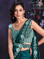 Teal Green Crepe Satin Silk Ready To Wear Saree